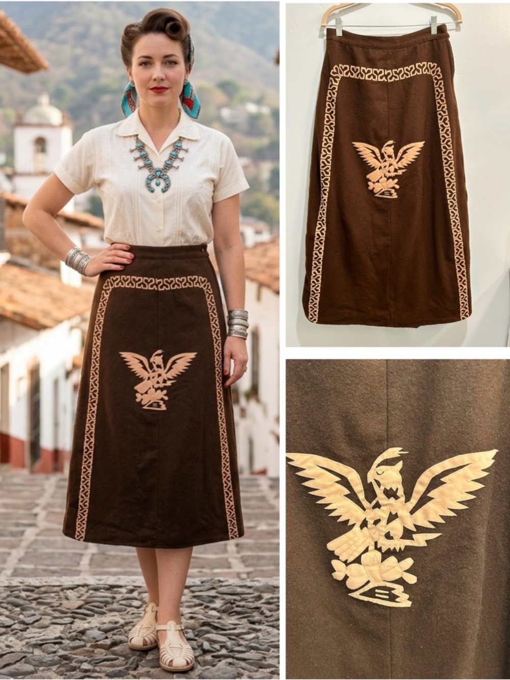 Rare Vintage 50s Mexican Folk Art Thunderbird Eagle MidiSkirt Wool Mid-Century S